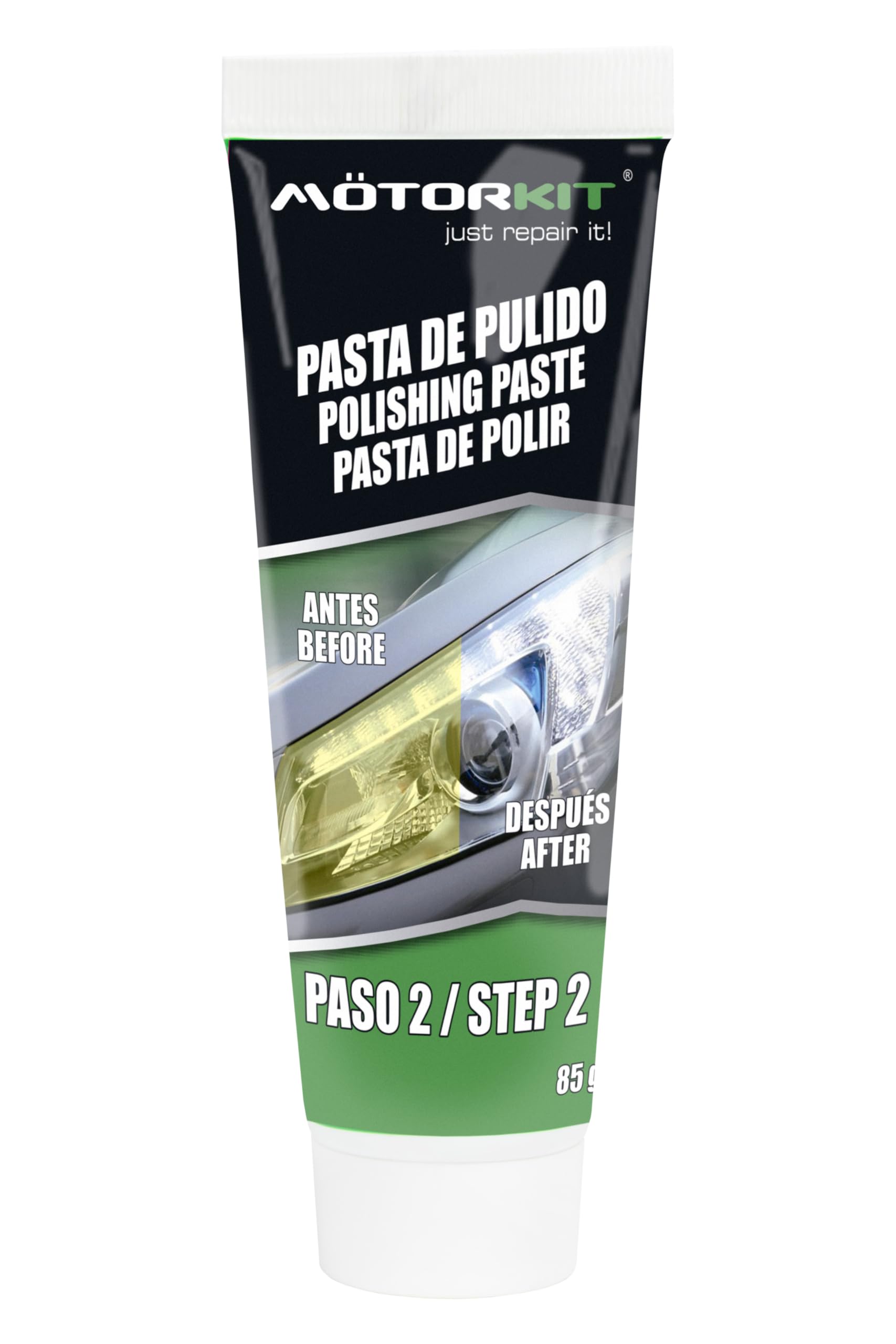 Motorkit Kit Restaurador de Faros Manual, Completo para 2 Faros, Elimina Amarilleamiento, Oxidación y Arañazos, Lija, Pule y Protege en 3 Pasos