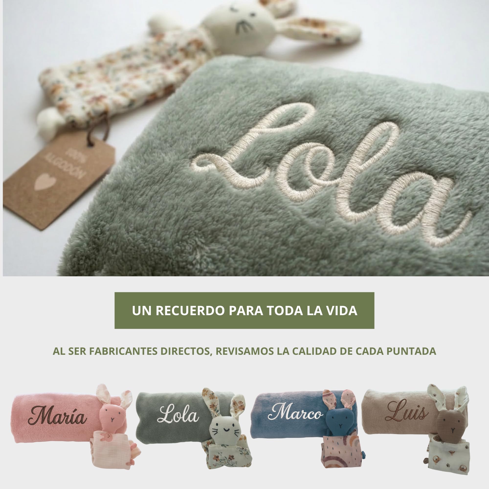 Manta Bebé Personalizada Nombre Bordado + Dou-Dou 100% Algodón - Fina y Ligera para Verano. Regalo Recién Nacido Niño Niña - Manta Suave y Peluche - Regalo Padres y Mamás Primerizas (Verde) — view 6