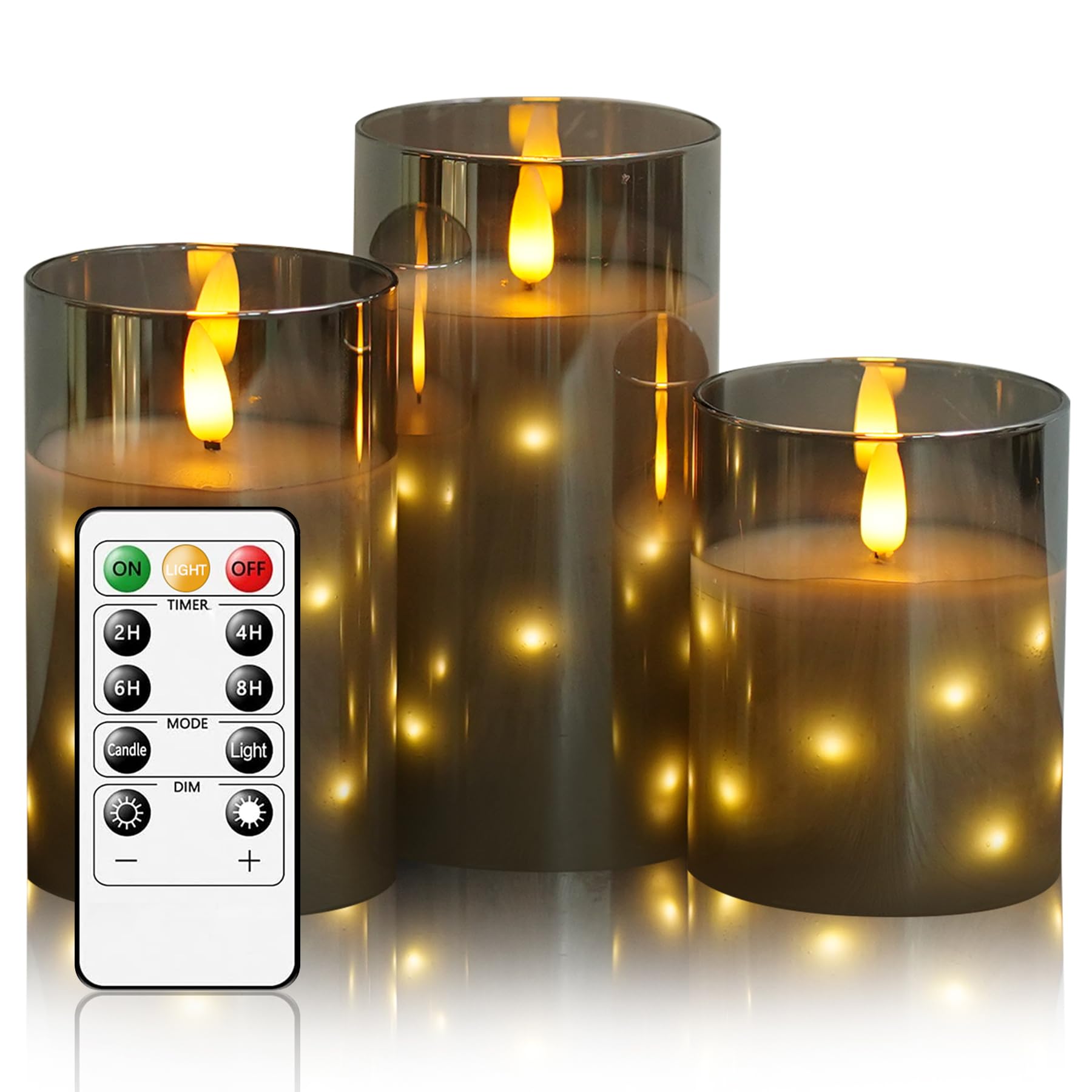 LED Flameless Candles, Battery Candles Flickering Set, Built in Hidden String, 11 Key Remote Control & Timer, Glass Real Wax, Set of 3, H 4 "5" 6 "(Grey)