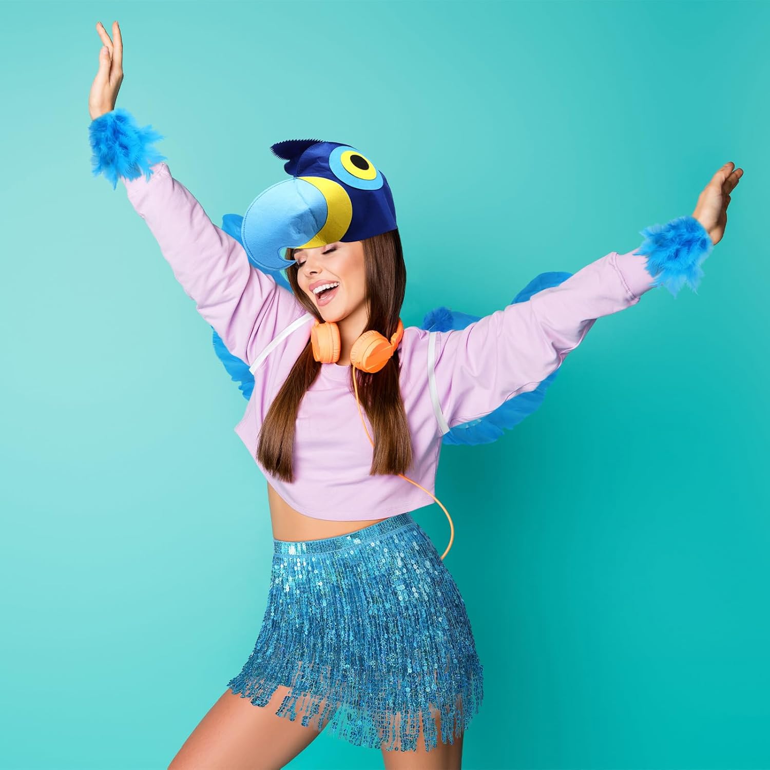 4 Pcs Halloween Blue Macaw Costume Blue Bird Parrot Cosplay Accessories with Feather Wings Felt Parrot Hat Feather Slap Bracelet Cuffs Sequin Fringe Skirt for Halloween Party