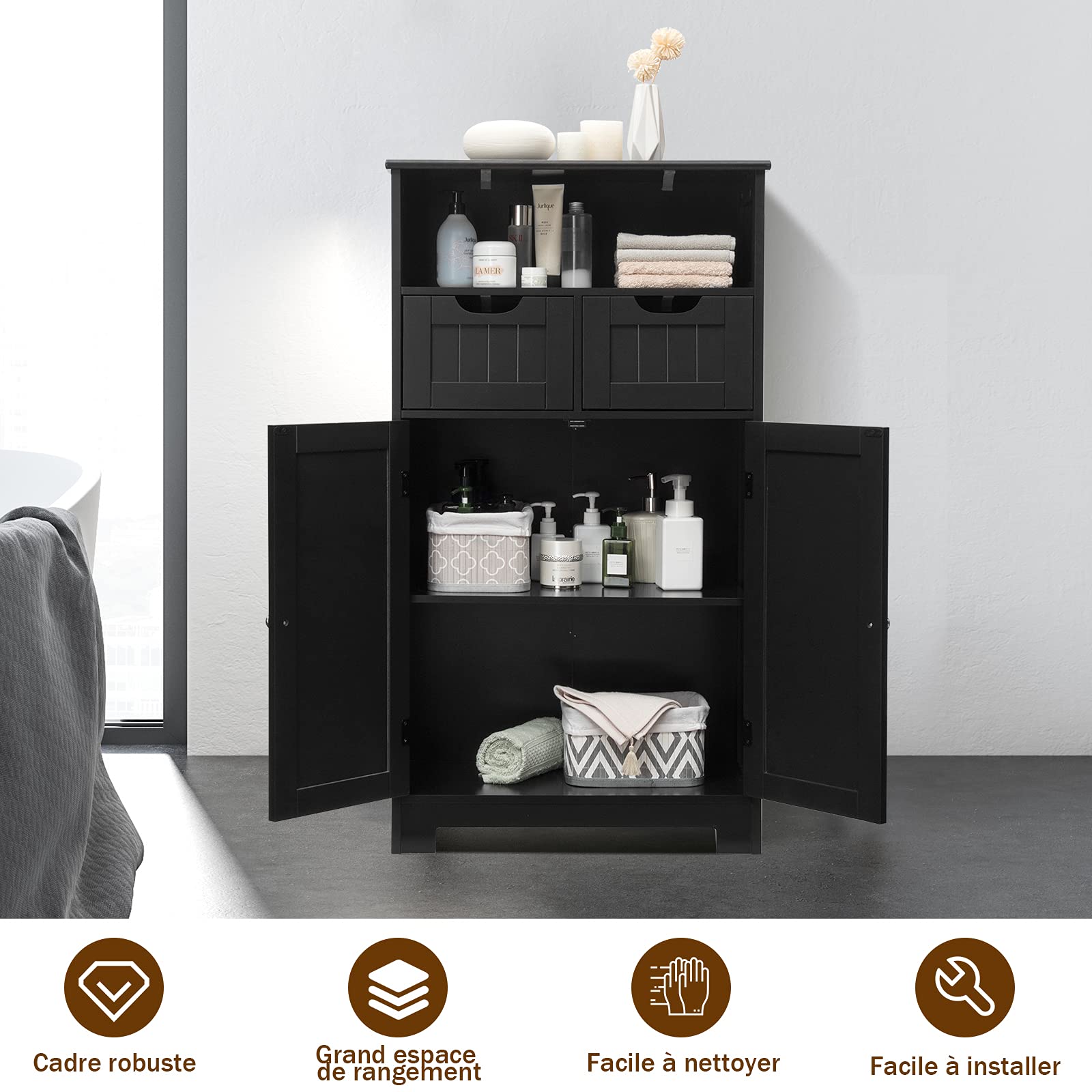 COSTWAY Meuble de Salle de Bain, Armoire de Rangement, Commode avec 2 Tiroirs et 2 Portes, Étagère Réglable, pour Cuisine, Salon 60 x 30 x 109 cm (Noir)