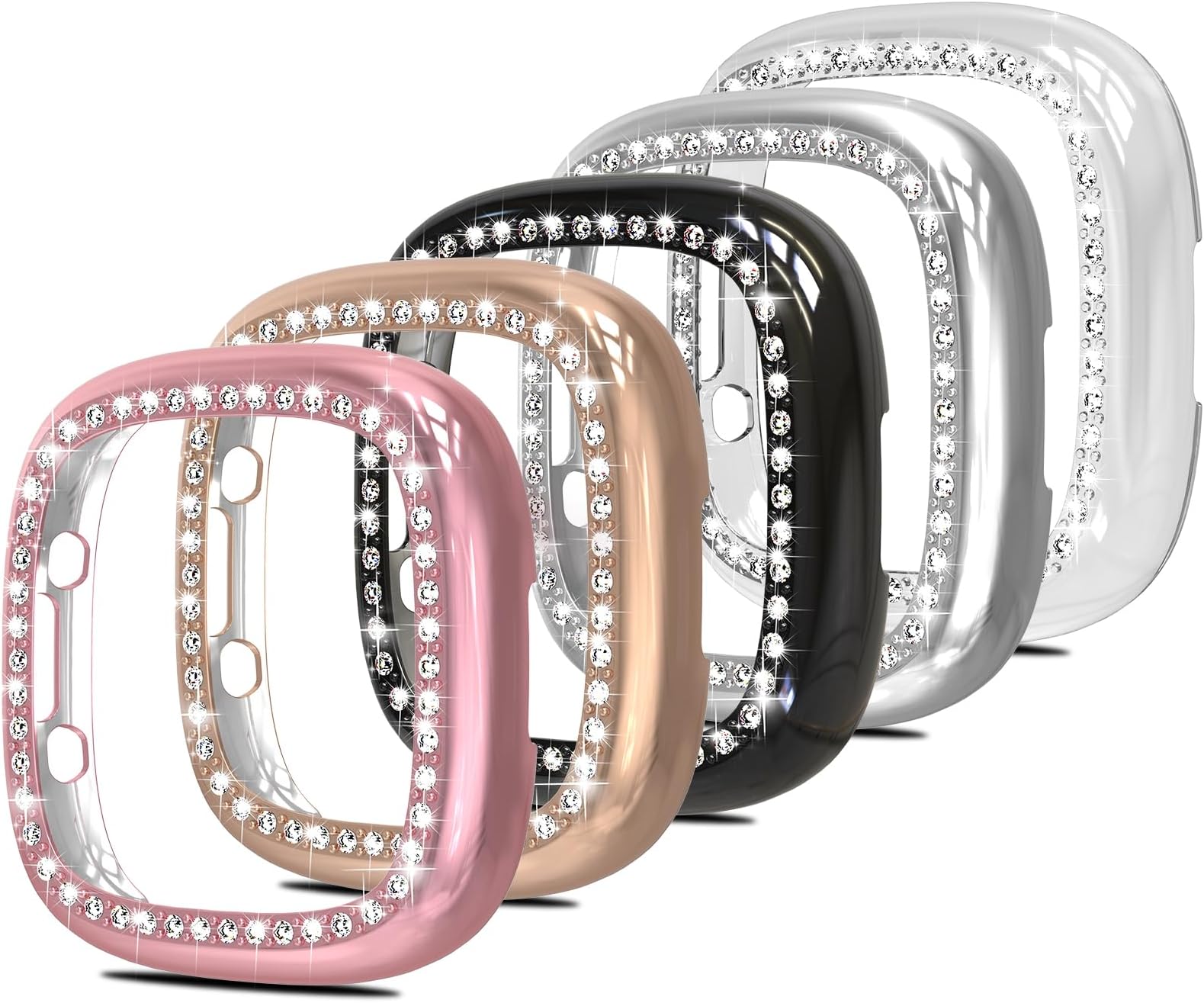 Simpeak5-Pack Bling Case Compatible with Versa 4 / Sense 2, Crystals Screen Protector Bumper Cover Replacement for Versa 4 / Sense 2,(No Screen) Transparent+Rose+Silver+Black+Rosegold