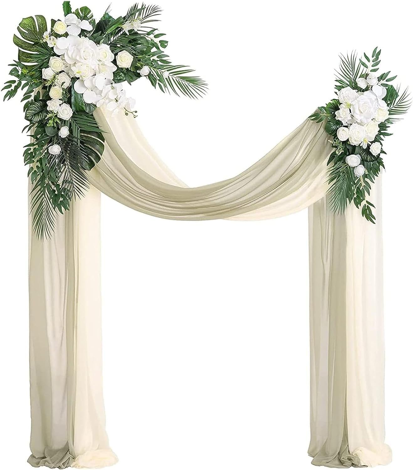 4-teiliges Bogenblumenset: 2 künstliche Blumensträuße und 2 transparente Vorhänge, eleganter europäischer Stil für Hochzeitszeremonien und Empfänge