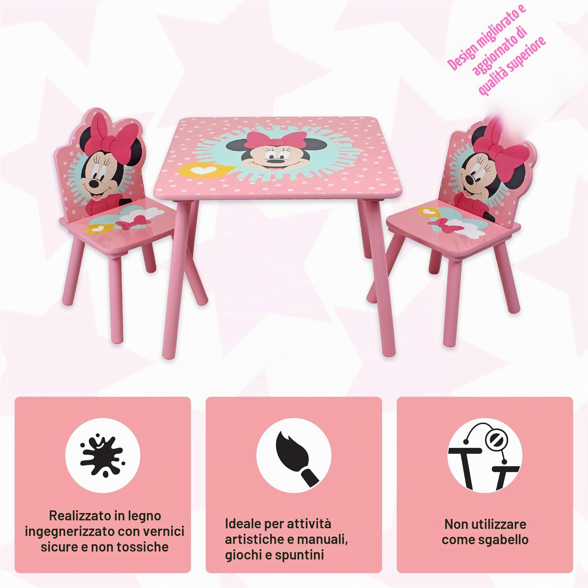 Disney Set Tavolo con 2 Sedie Minnie in Legno