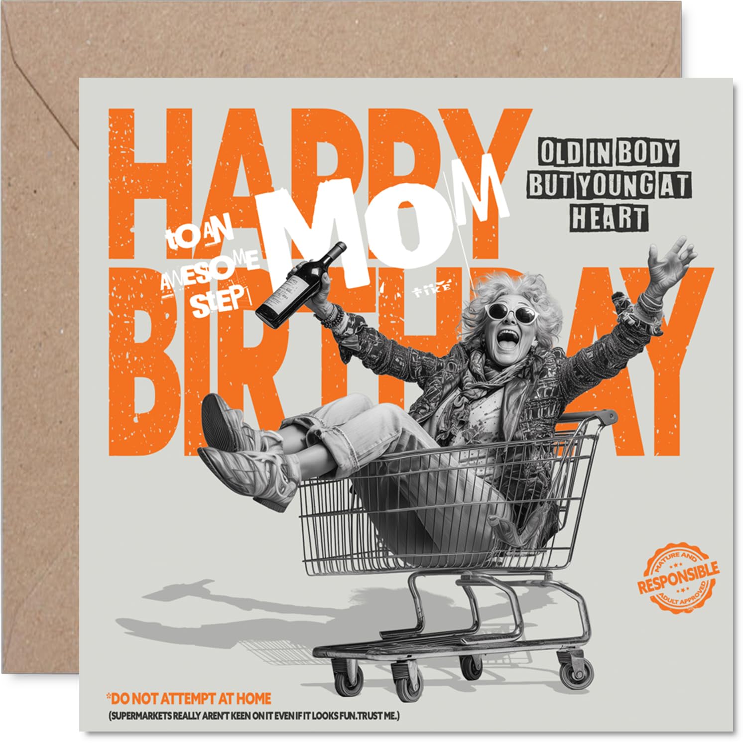 Funny Birthday Card for Step Mom - Laughs Guaranteed - Elderly Woman Riding Shopping Trolley Design - 145mm Square, Envelope Included