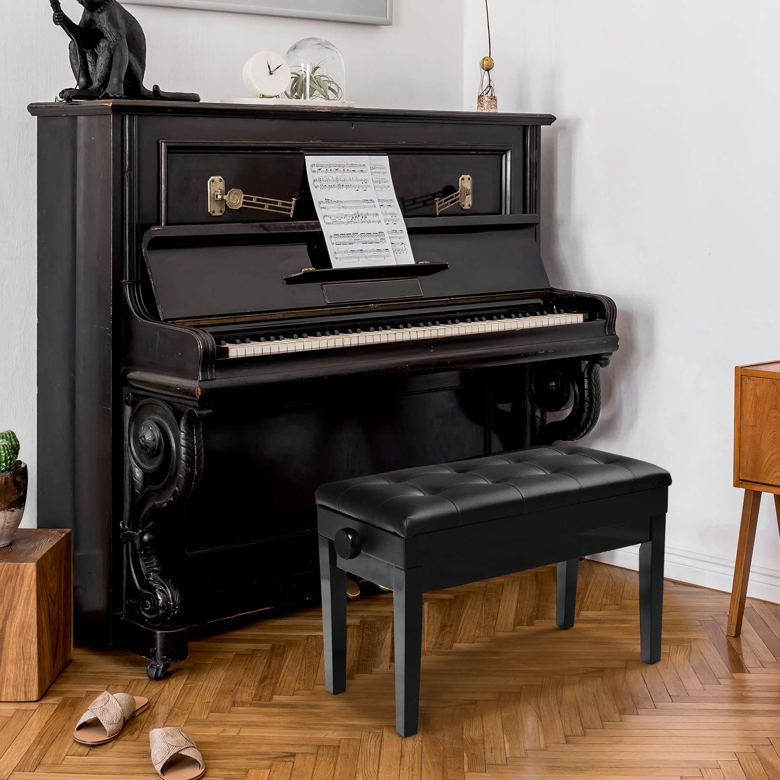 RELAX4LIFE Doppelte Klavierbank, höhenverstellbarer Klavierhocker für Konzertsaal & Zuhause & Musik Klassenzimmer, Keyboardbank mit Stauraum, Keyboardstuhl mit Kunstleder Kissen, Schminkhocker schwarz