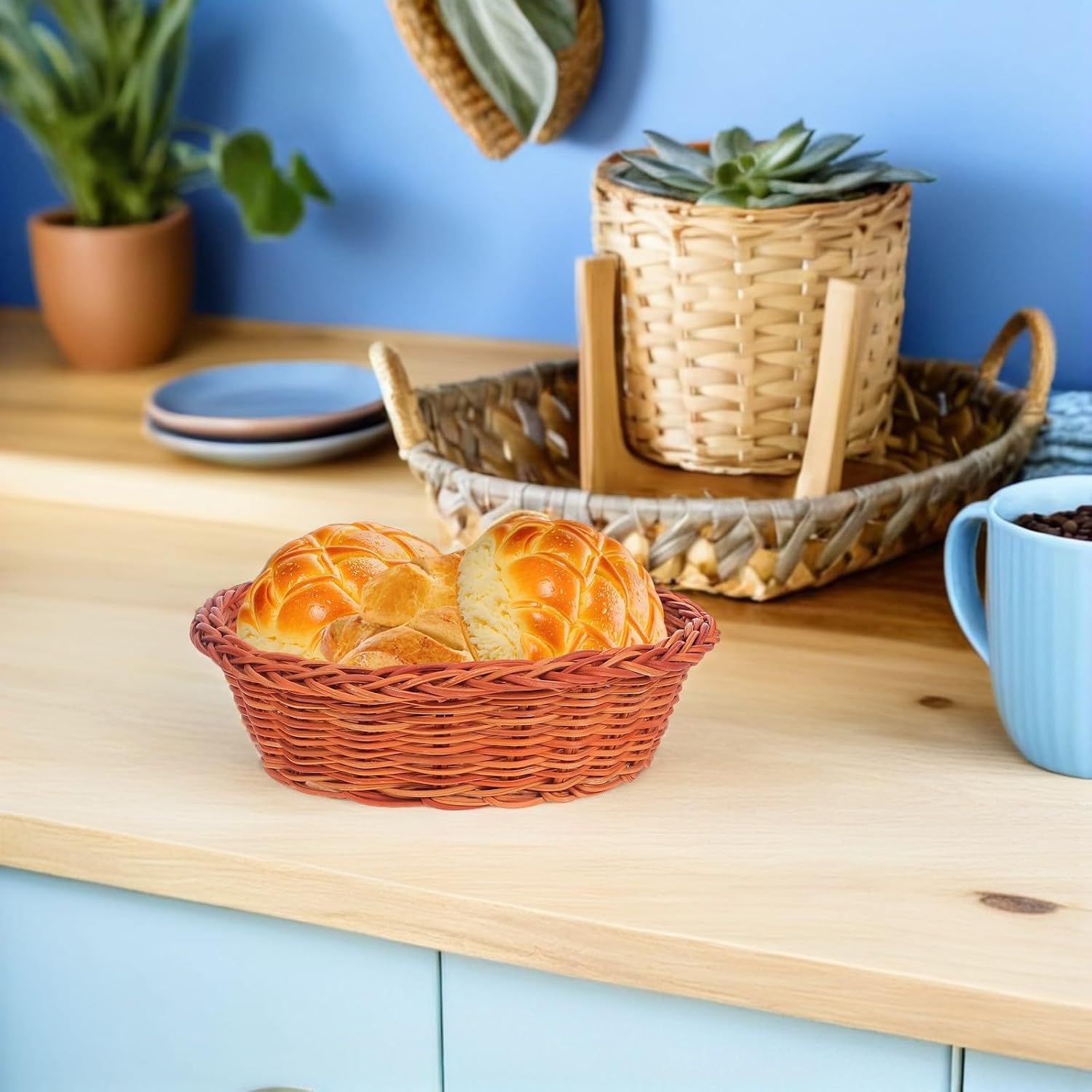Tofficu 10pcs Small Oval Woven Bread and Fruit Baskets, Handwoven Rattan Proofing Basket Set for Kitchen Serving and Snack Storage