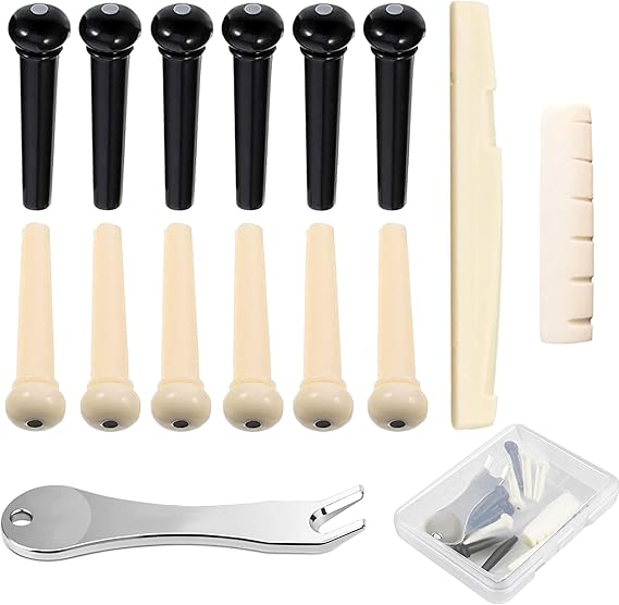 12 Pcs Acoustic Guitar Bridge Pins with Bridge Pin Puller Remover & Guitar Bridge Saddle Nut, Guitar Pegs Replacement Parts and Accessories