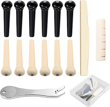 12 Pcs Acoustic Guitar Bridge Pins with Bridge Pin Puller Remover & Guitar Bridge Saddle Nut, Guitar Pegs Replacement Parts and Accessories
