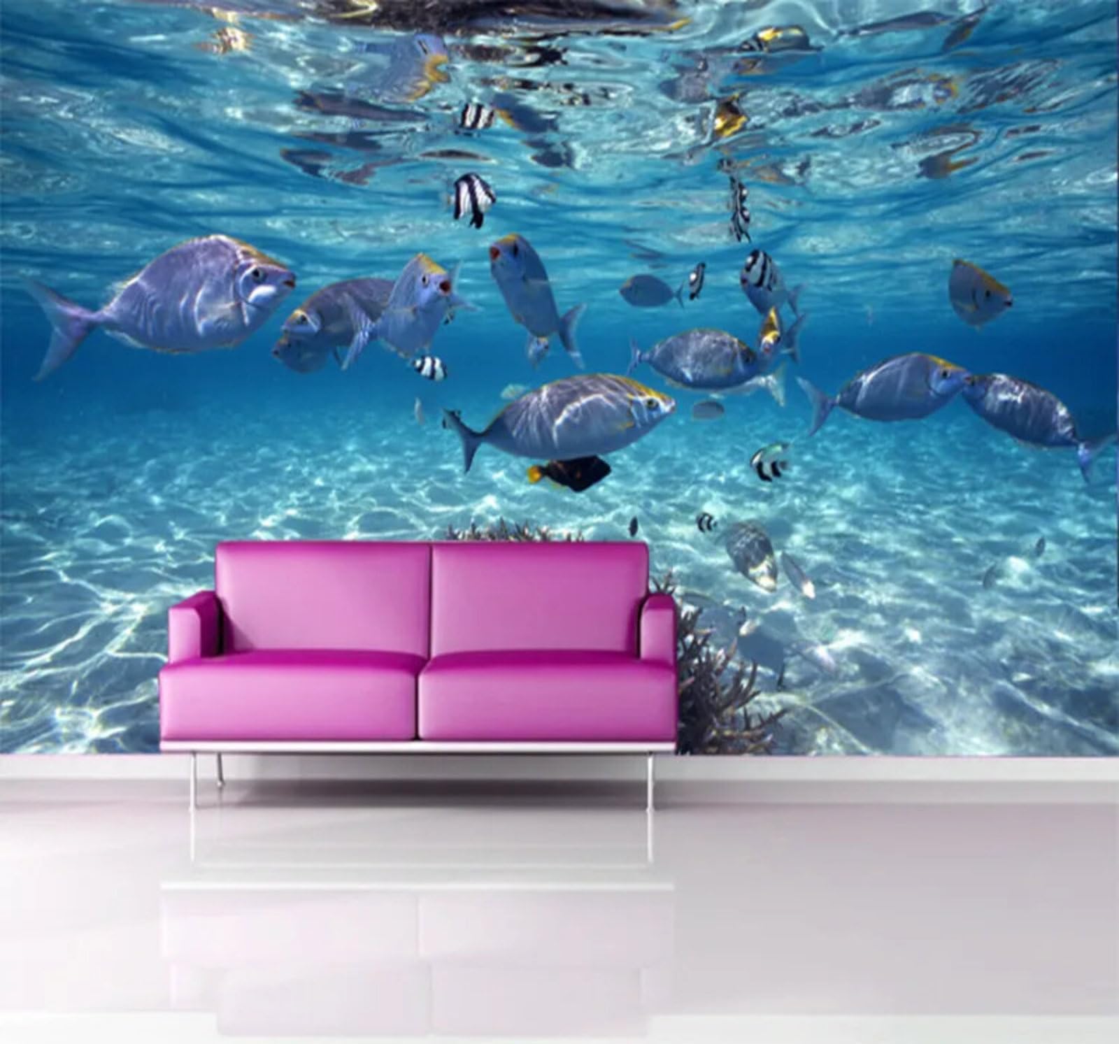 Wallpaper-3D-Xlm 250Cm×170Cm(B×H) Cartoon Blue Underwater World School Of Fish Ocean 3D Wallpaper Easy Install Feature Office Living Room Sofa Bedroom Tv Background Wall Decoration-250Cm×170Cm
