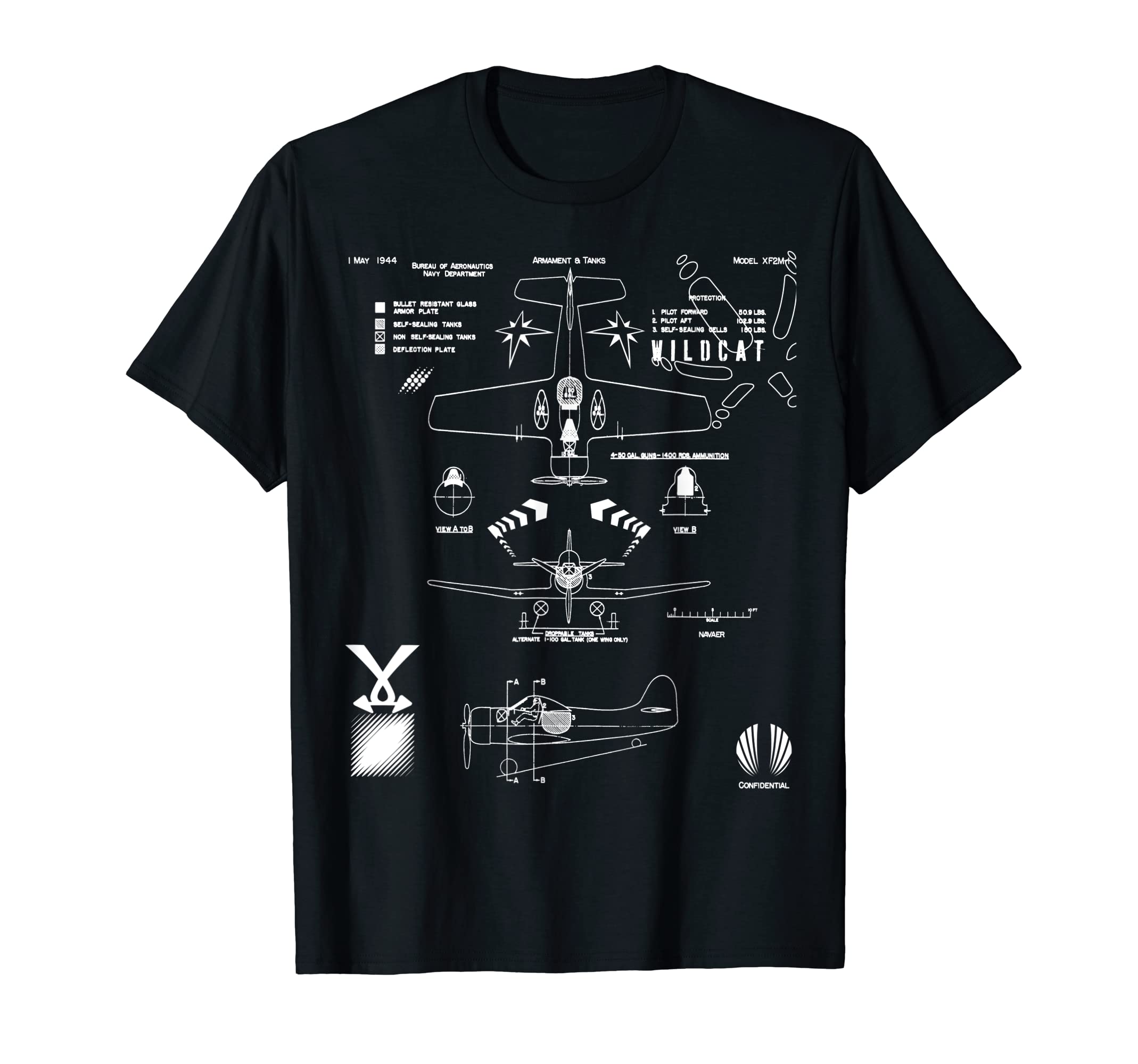 XF2M-1 Wildcat Fighter Warplane 3-view Technical Drawing T-Shirt