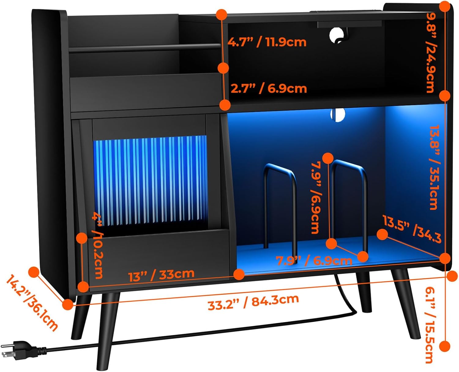 Upgraded Large Black Record Player Stand -Turntable Stand Shelf with with Power Outlet and LED Light,Vinyl Record Storage Cabinet Up to 350 Albums,Wood Record Player Holder Table for Living Room