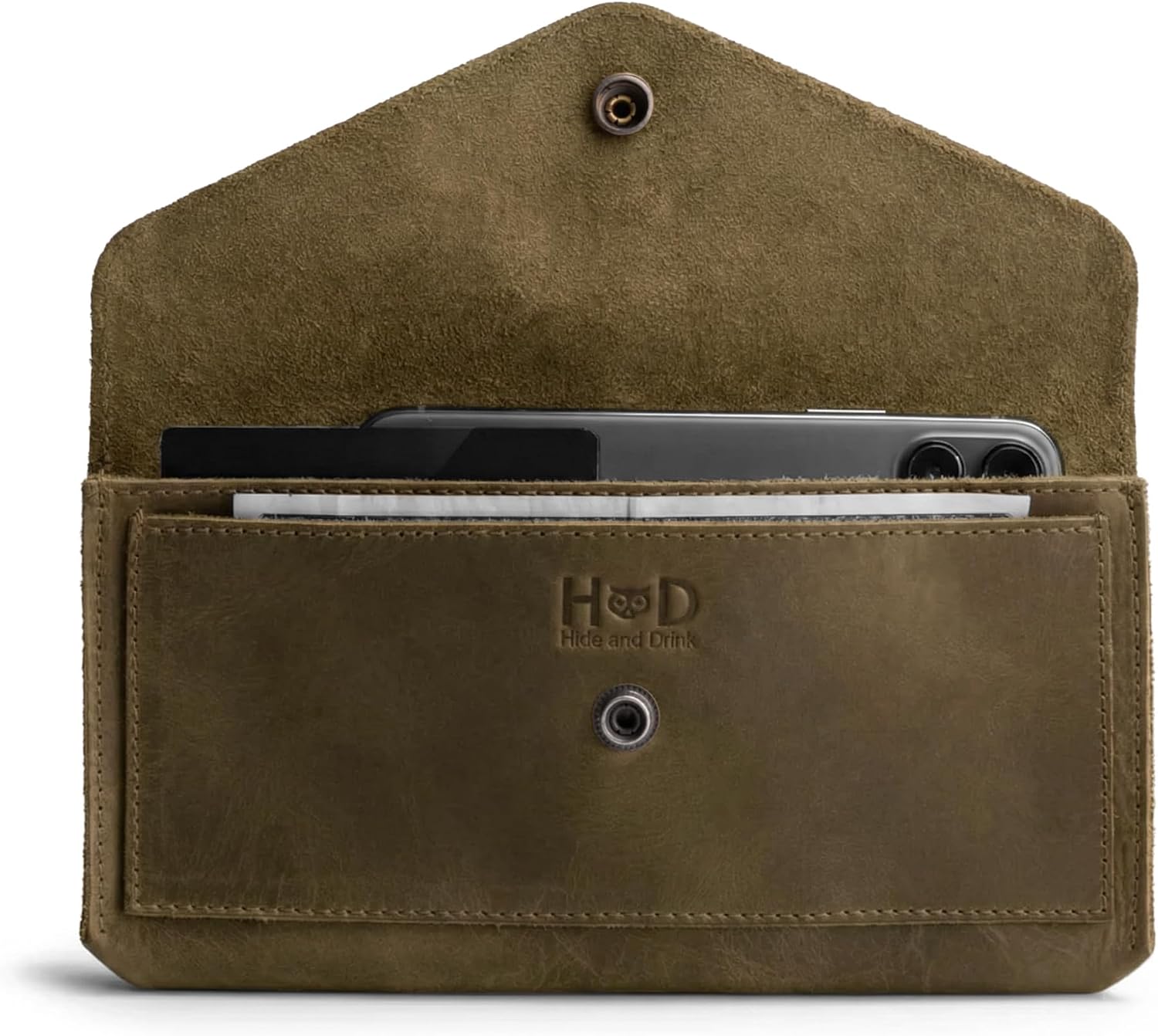 Hide & Drink, Full Grain Leather Large Female Wallet, Travel Organizer for Women, Vintage Money and Card Holder, Handmade, Slate Blue