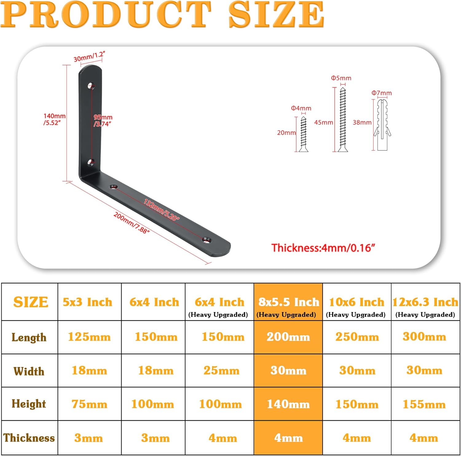 Alise Floating Shelf Brackets,Stainless Steel Black Bracket for Shelves,Heavy Duty L Bracket Corner Brace for Wooden Board Hanging Support,8x5-3/5 Inch(Upgraded,Pack of 4)