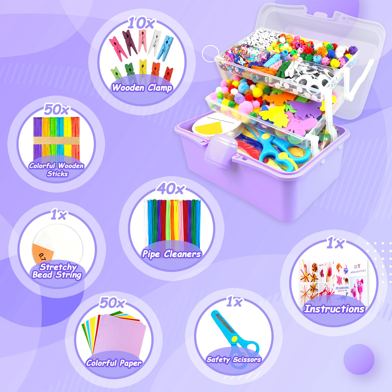 BNUZEIYI Bastelset Kinder – DIY Basteln Bastelkoffer für Kinder 3-Schicht Bastelbox Material Set mit Pfeifenreiniger Schulbedarf Spielzeug Geschenke für Mädchen Jungen 4–8, 8–12 Jahren, Lila