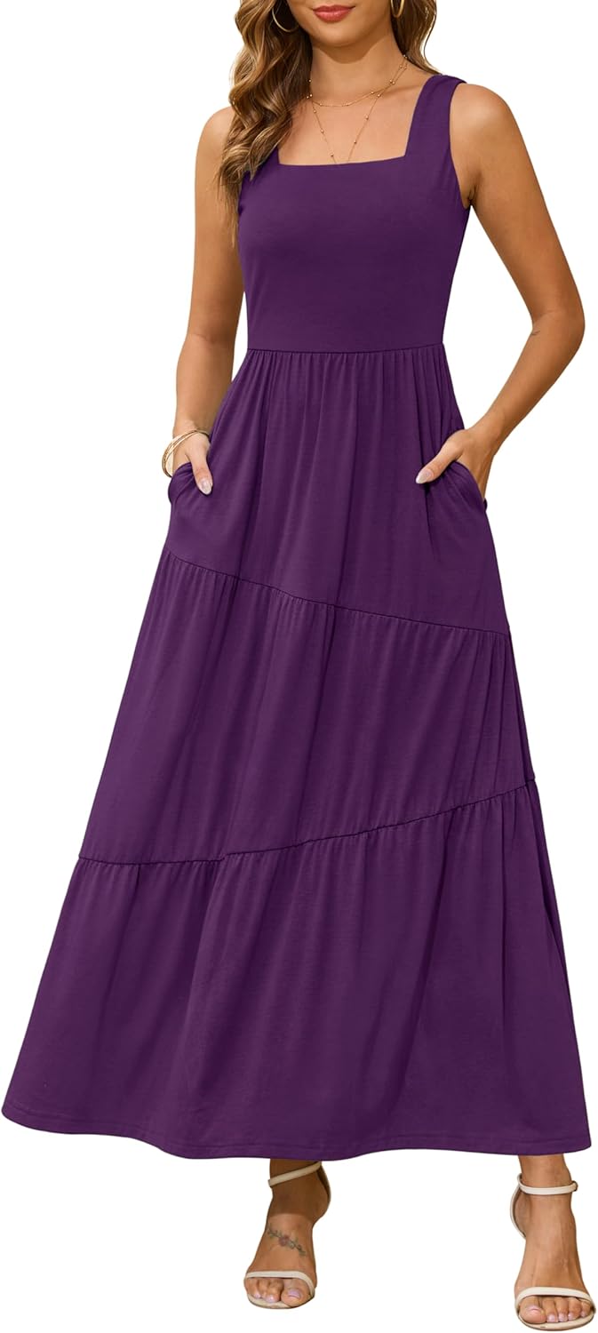 Kranda 2026 Summer Sleeveless Long Beach Sundress Square Neck Tank Top Tiered Maxi Dress with Pockets