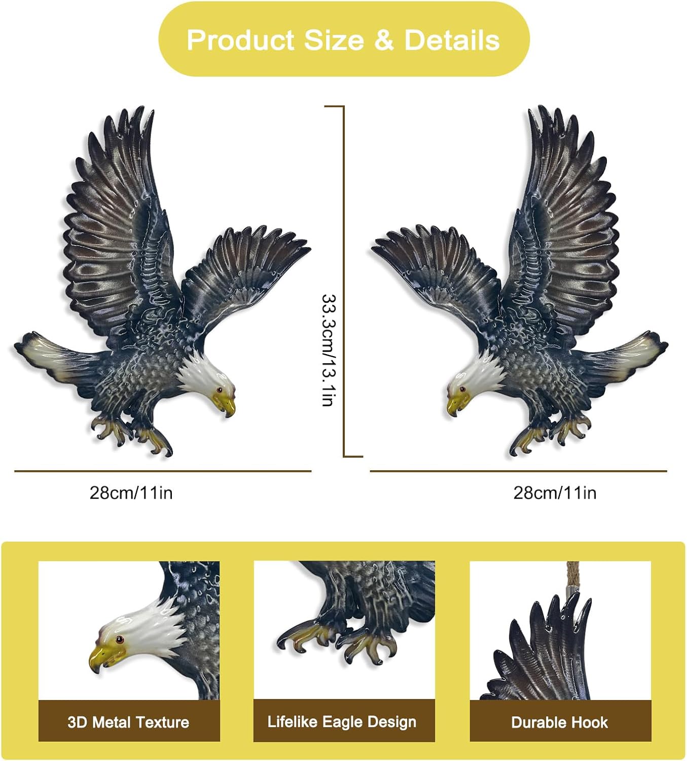 John's Studio Metal Eagle Wall Decor Outdoor Garden Hanging Art Garden Sculptures Home Theme Decorations for Living Room, Bedroom, Yard, Fence and Patio - 2 PCS