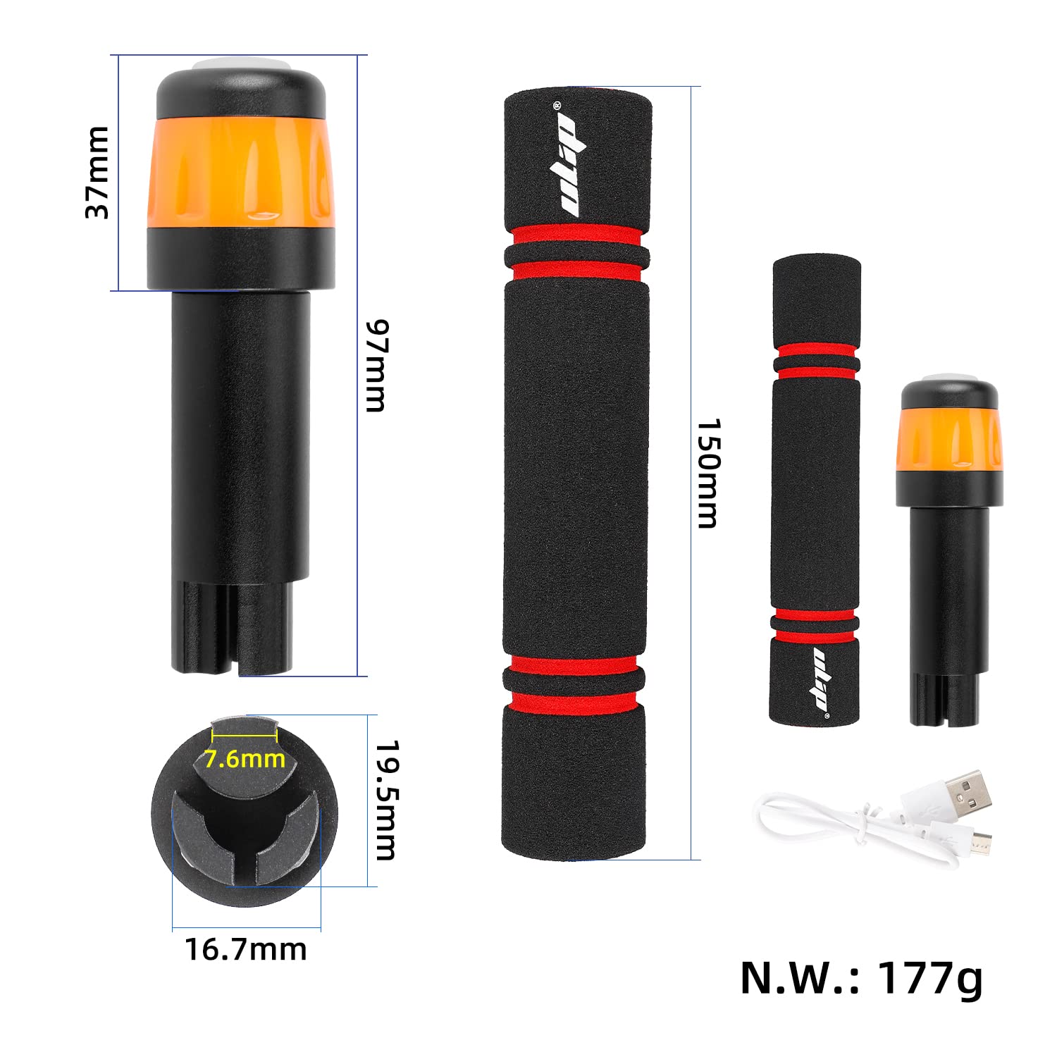 Poignée étendu + LED Lampes Clignotants Etanche Rechargeable pour Segway Ninebot Max G30 Extension de Guidon avec Lampe Feu (Noir+Noir Orange)