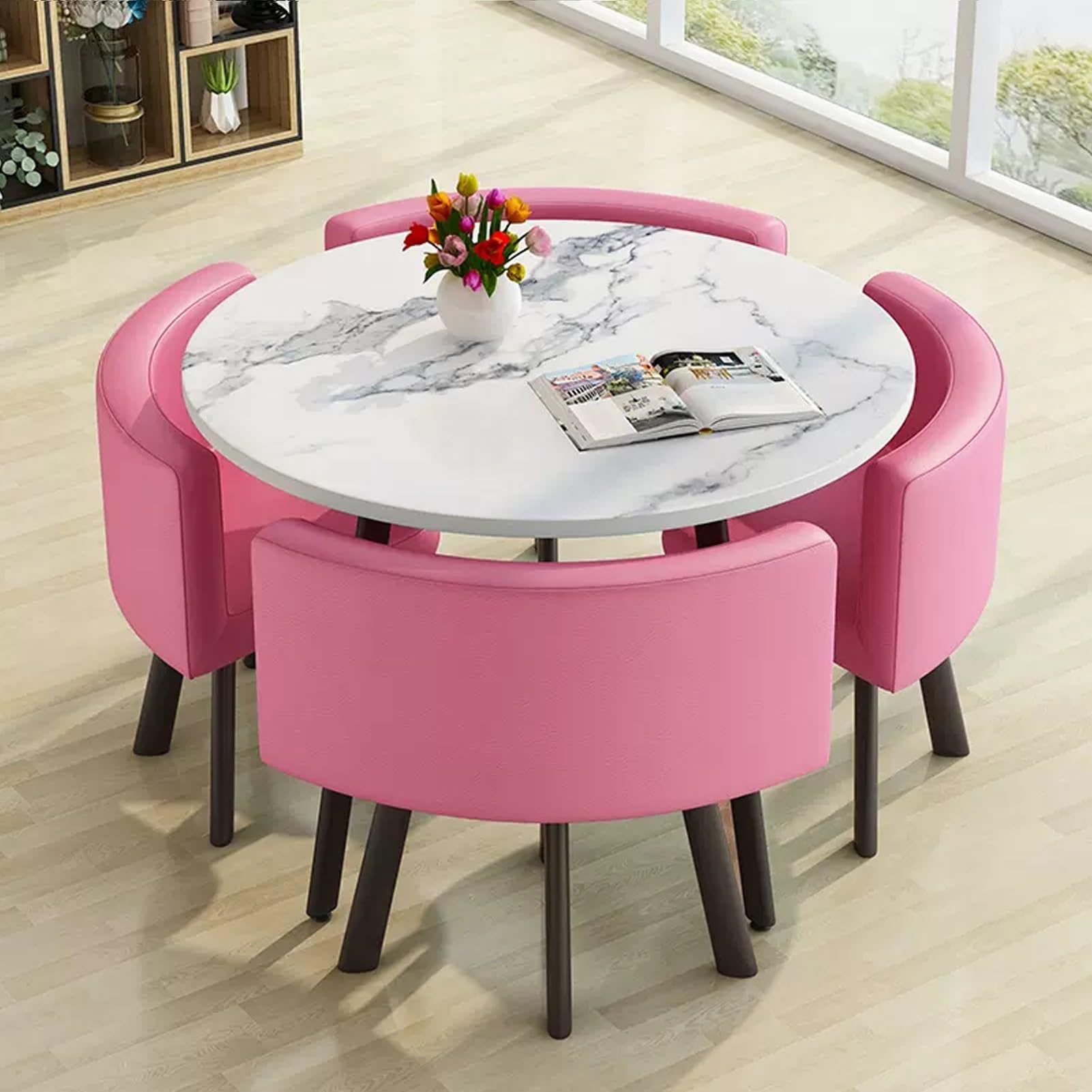 AYCDL SpaceSaving Round Dining Table Set with 4 Chairs for Conference Room & Office – Versatile Reception Table Negotiation Desk & Coffee Table Combo,Pu-leder27