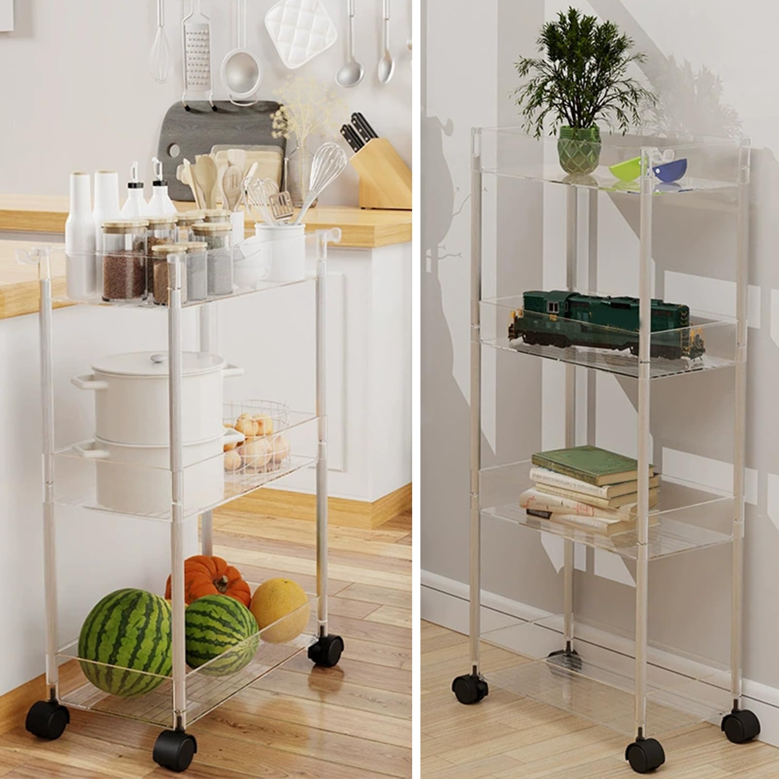 Carrello portaoggetti in acrilico marrone a 3 ripiani mobile per cucina, camera da letto e bagno; scaffale con ruote per un facile trasporto