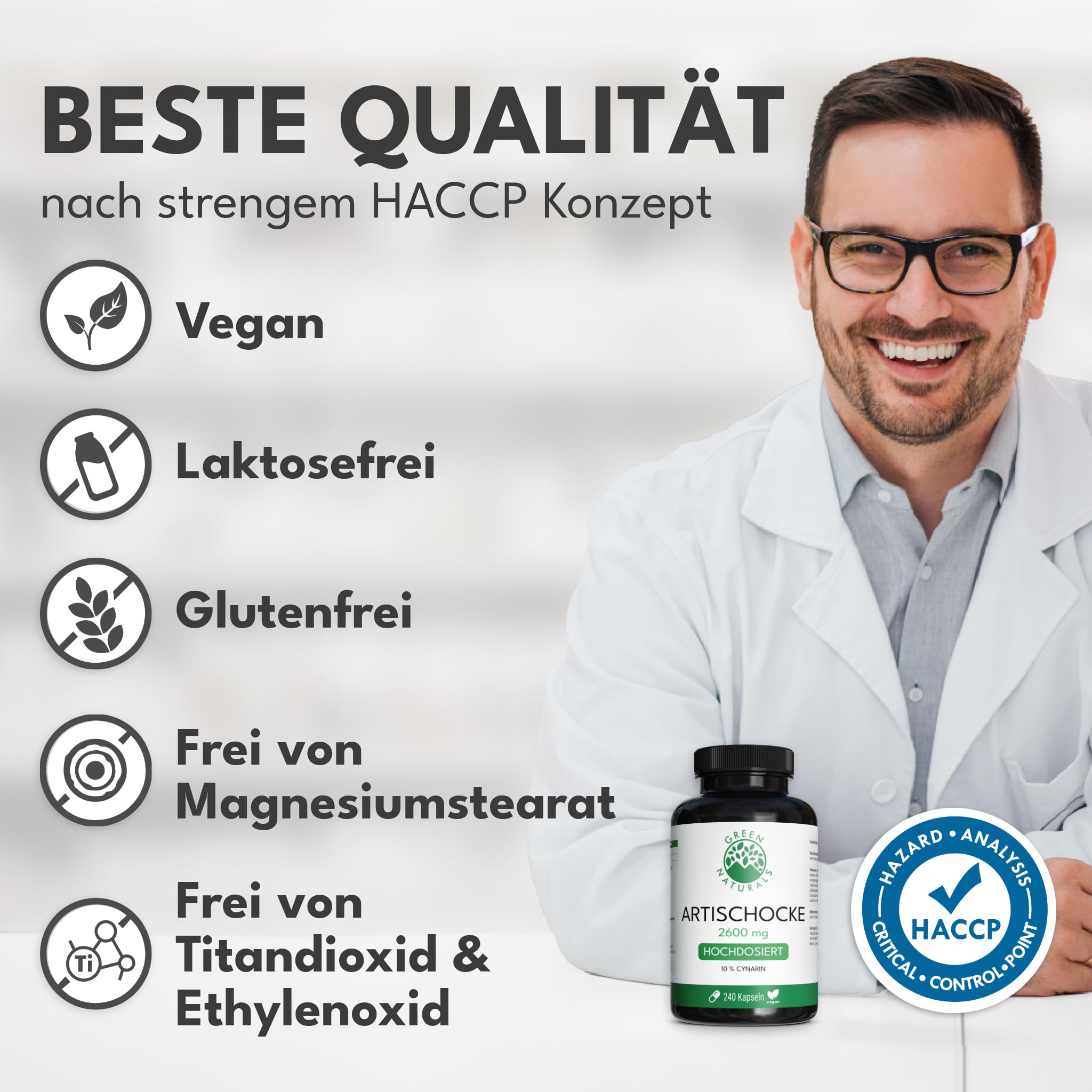 Green Naturals Artischocke – Hochdosiert: 2.600 mg Extrakt – 240 Kapseln | 40:1 pro Tagesdosis · Entspricht 104.000 mg Artischocke · 260 mg Cynarin · 2-Monatsvorrat