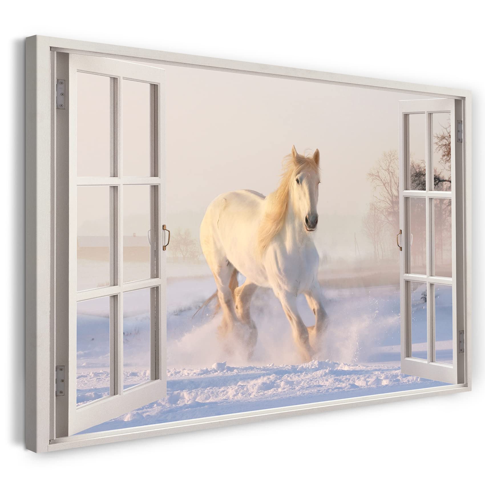 Print on Canvas (100x70 cm) view from the window - white horse snow steppe - nature photography, real wood frame with hook