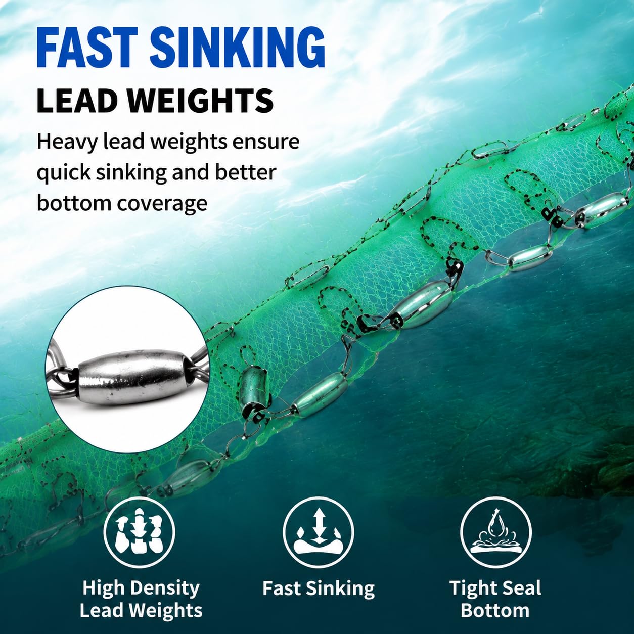 Rete da pesca multfilamento in nylon, 1,2 m/2,4 m/3,4 m/3,5 m/3,5 m, in stile americano, con pesi zincati, per acqua salata e acqua dolce