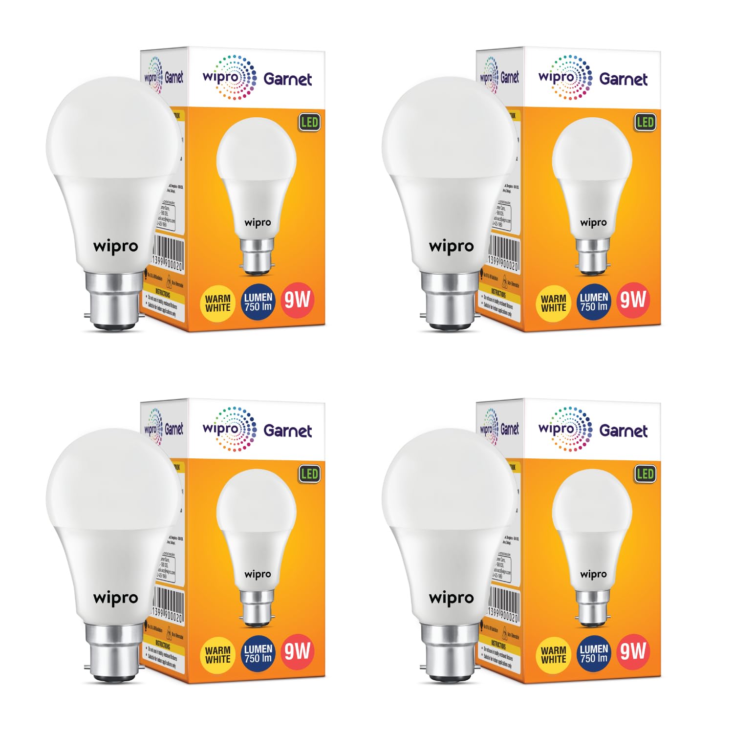 wipro Garnet 9W LED Bulb for Home & Office |Warm White (2700K) | B22 Base|220 degree Light coverage |4Kv Surge Protection |400V High Voltage Protection |Energy Efficient | Pack of 4