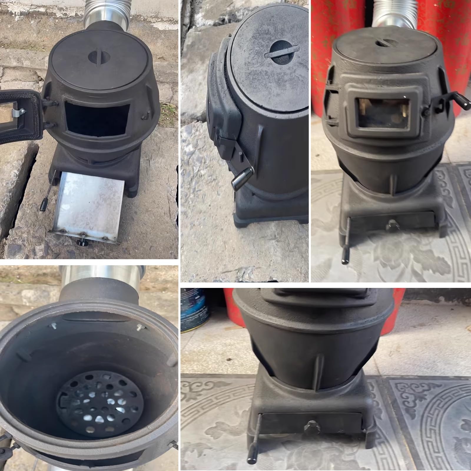Stufa Multicombustibile Per Casa Per Riscaldare E Cucinare Con Coperchio Sigillato, Vetro Di Controllo & Cassetto Delle Ceneri, 2 Dimensioni Disponibili(300cm chimney,23 * 23 * 40cm)