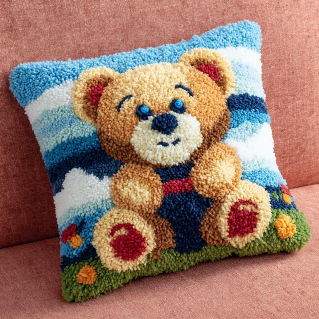 Axiangzik Cartoon Bear Handmade Latch Hook Cushion Kit 17X17 Inch,