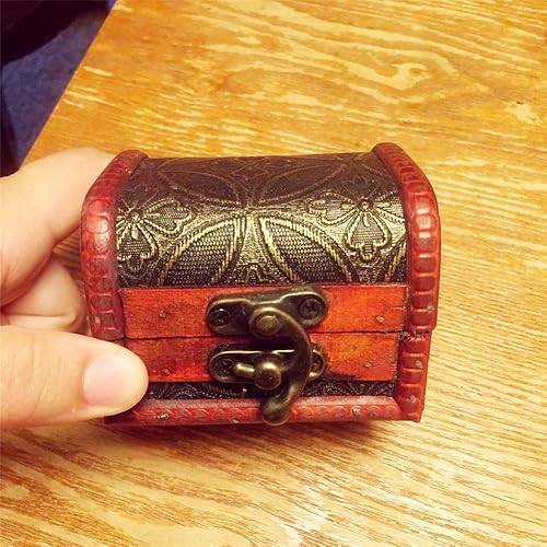 Miniatura 5 de Hofumix - Joyero con pequeño cofre del tesoro, caja vintage hecha a mano para anillos de madera, caja con mini cerradura de metal para almacenar