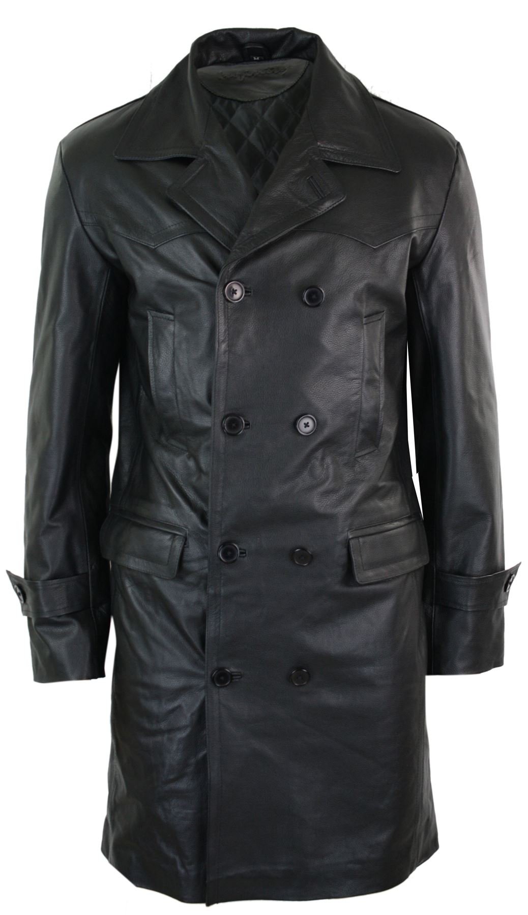 Infinity Leather Men's Black Long 3/4 Dark Goth Punk Rock Double Breasted Real Leather Jacket Uboat