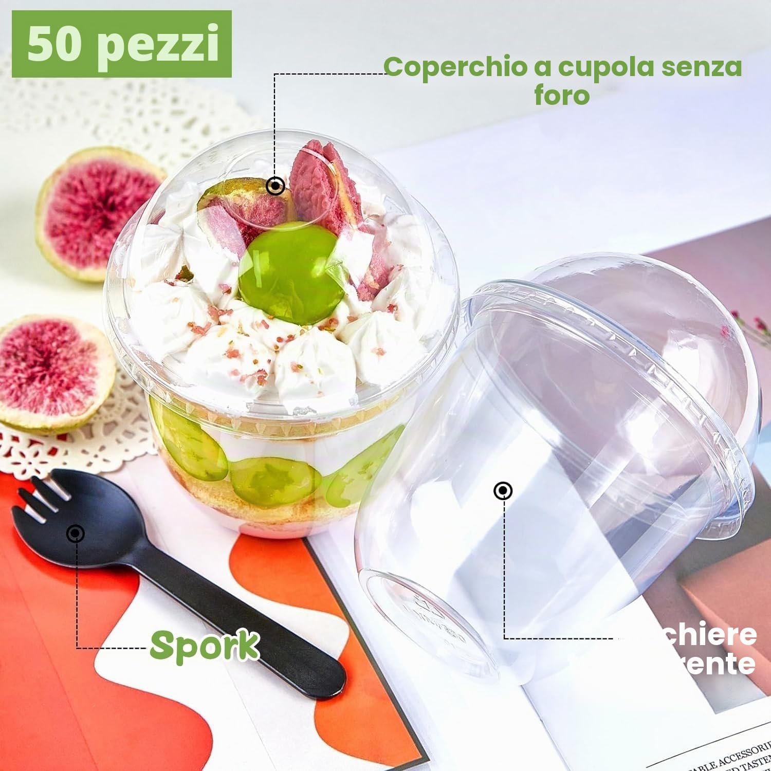 LATERN 50 Pezzi Bicchieri da Dessert in Plastica con Coperchi a Cupola, 360ml Tazze da Dessert Rotonde Coppa Trasparente per Antipasti Parfait Ciotola da Portata Riutilizzabile con Sporks