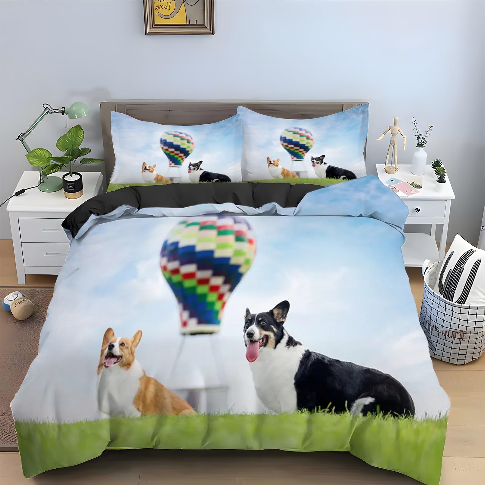 Housse de couette 220x240 microfibre douce et zippée avec motif Corgi et montgolfières