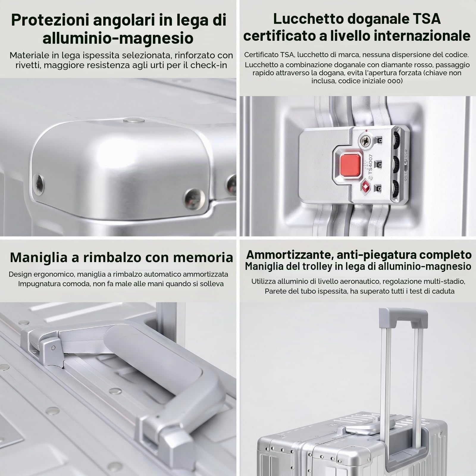 Tutte le valigie in alluminio da 50,8 cm bagaglio a mano valigia rigida valigia trolley da cabina imbarcabile bagagli con serrature TSA Ruote girevoli silenziose, Argento, 51 cm