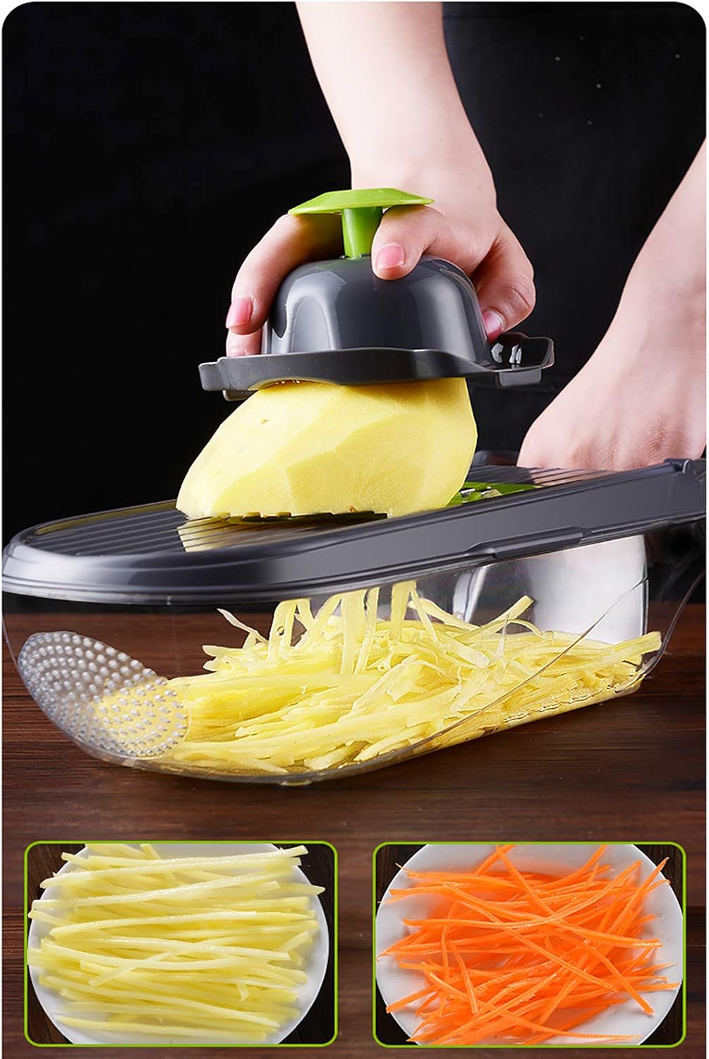 Fruit Vegetable Chopper Multifunctional Onion Mincer Chopper Dicer Manual Salad Food Chopper with Container Kitchen Cutter Grater Mandolin Slicer for Potato Tomato Garlic-Black 32x12x12cm (12x5x5inc)