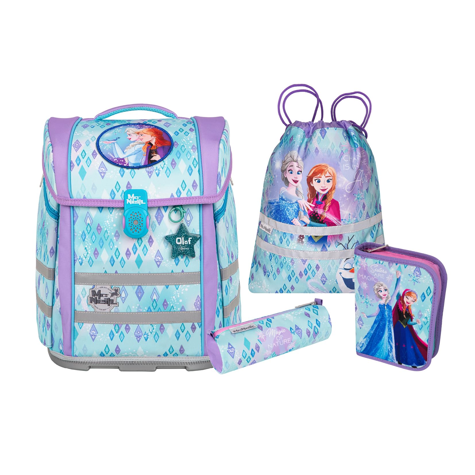 McNeill Frozen Perfecto SchulranzenSet 5-teilig – Ergonomischer Schulranzen mit gefülltem Federmäppchen, Sportbeutel & mehr im Disney Frozen Design – Reflektierend, mit Brust-& Beckengurt