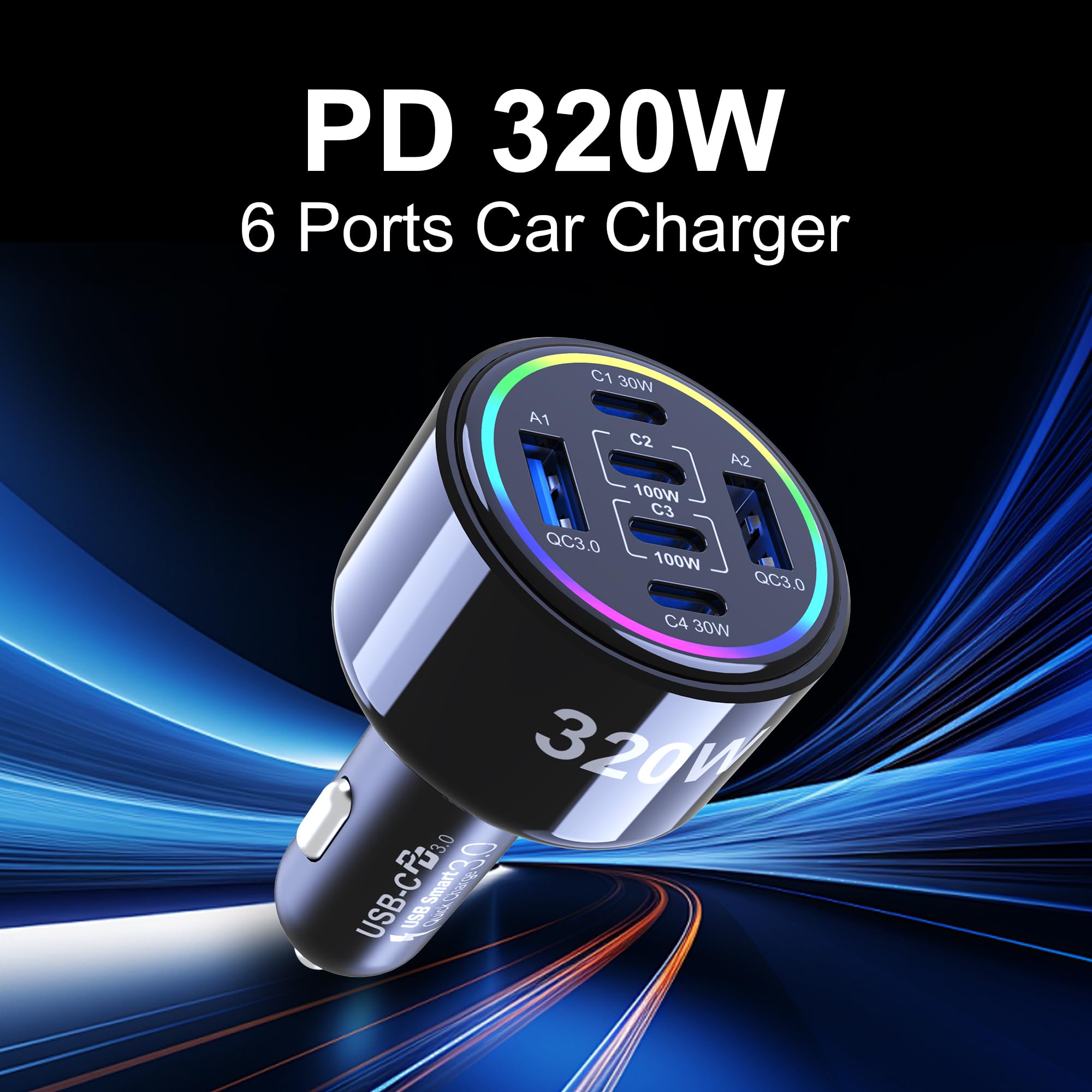 Cargador de coche USB C de 320 W, cargador de coche tipo C de 6 puertos | PD3.0/QC4.0/PPS Carga súper rápida para iPhone 17/16/15 Series, Galaxy S25/S24/23, iPad, MacBook Pro/Air, Laptop (negro)