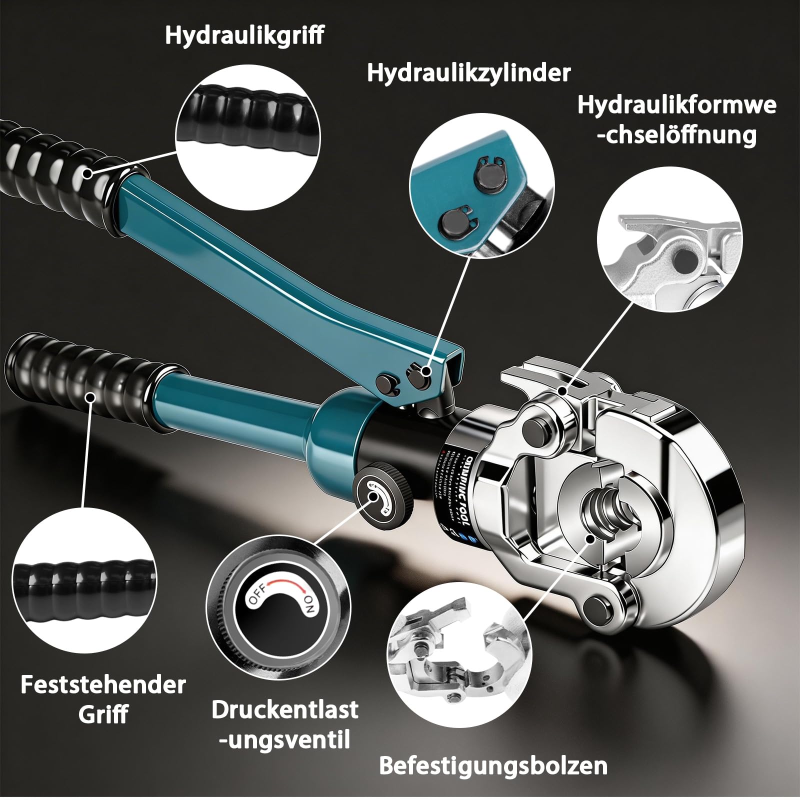 Profi Kupferrohrzange Hydraulisch Kupferrohr zange Presswerkzeug mit TH-Kontur inkl. TH16 TH20 TH26 TH32, Presszange mit 180° drehbarem Kopf für Kupferrohr, C-Stahlrohr, Edelstahlrohr, Backeneinsätze