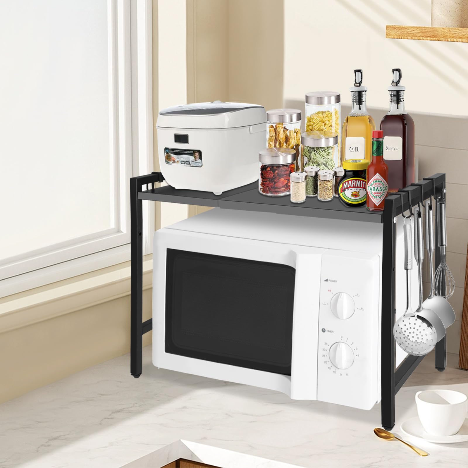 ASelected Expandable Microwave Oven Rack Height Adjustable 2 Tier Kitchen Counter Shelf Rack 6 Hooks Width 40 or 60Cm Black - Image 4