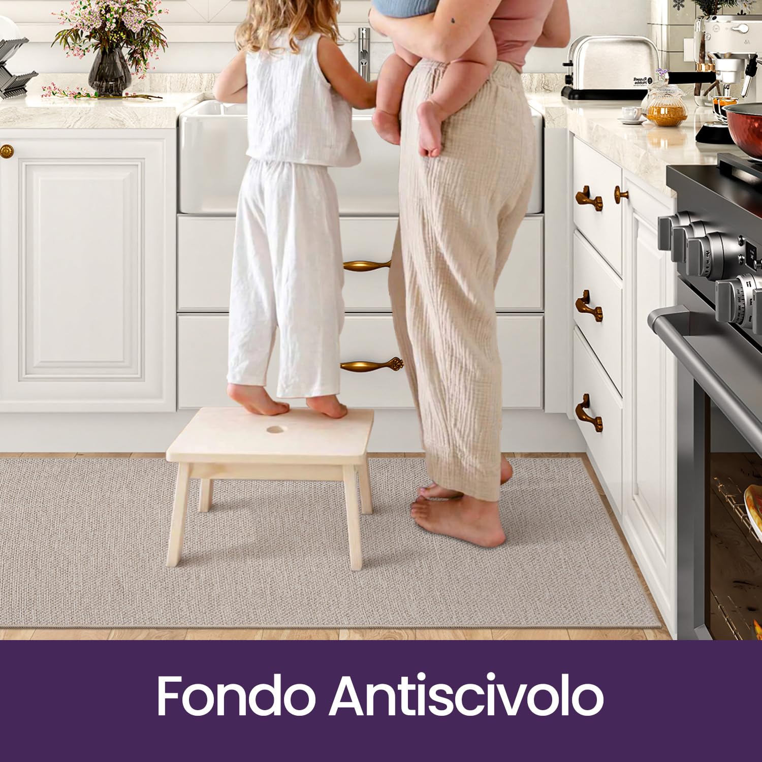 DEXI Tappeto Cucina 43x75cm+43x150cm, Set di 2 Tappeti Cucina Antiscivolo Lavabile, Tappetino Passatoia Assorbente e Antimacchia per Corridoio, Beige