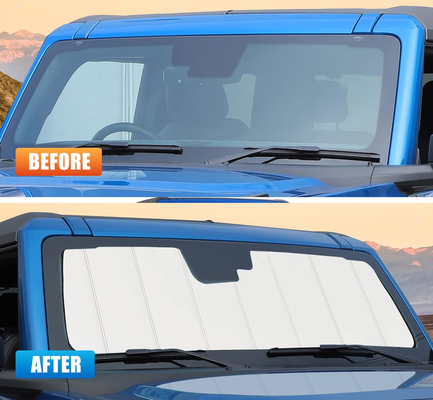 Windschutzscheiben-Sonnenschutz, kompatibel mit Ford Bronco Zubehör 2021-2025, Frontscheiben-Sonnenschutz, faltbar, Sonnenblende, schützt UV-Strahlen