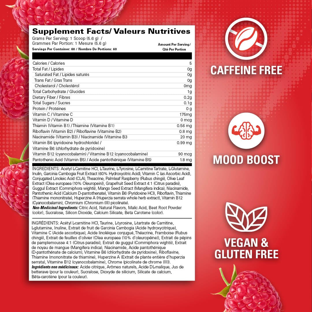 EHP Labs OxyShred Non Stimulant Pre Workout Powder - Stim Free, Caffeine Free Preworkout for Men & Women - Non Stim Preworkout - Sugar Free Energy Powder - Raspberry, 60 Servings