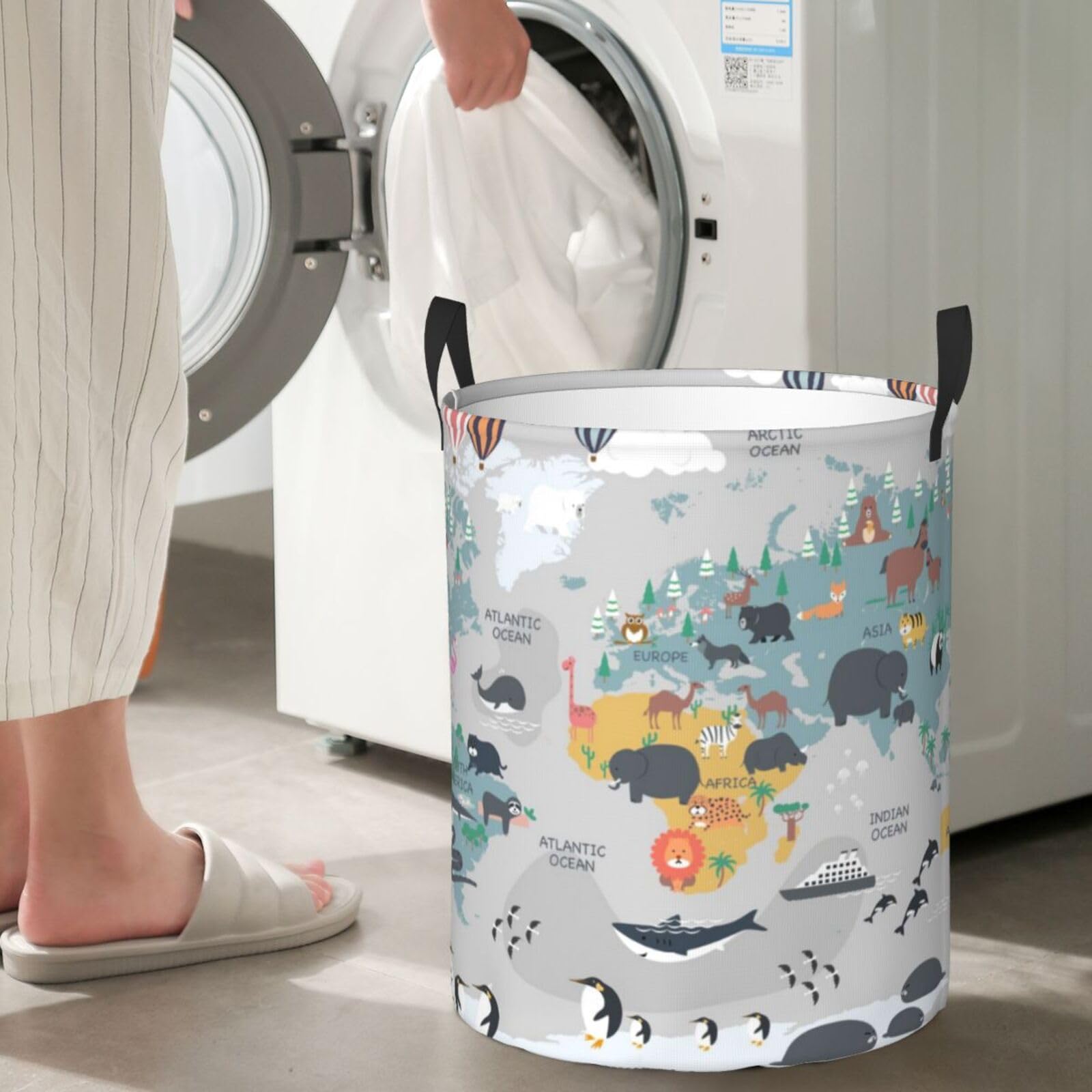 Grand panier à linge avec poignées – Carte du monde avec animaux de dessin animé pour bébés et enfants – Panier à linge sale