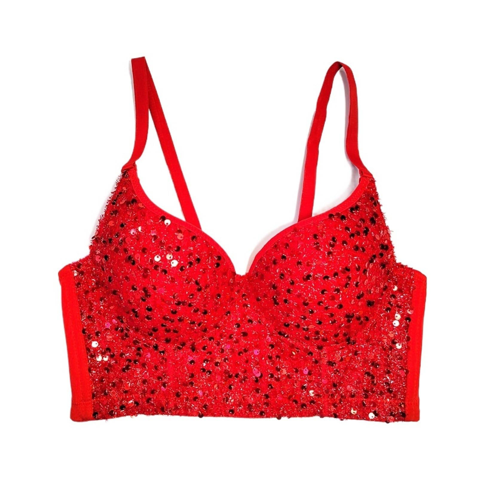 LIUHLFSR Glittery Deep V-neck Elastic Push-up Bra For Parties And Dancing Triangle Cup Sexy Women Underwear Bralette Sequins Lingerie for Dancing Carnival Party(40C,Red)