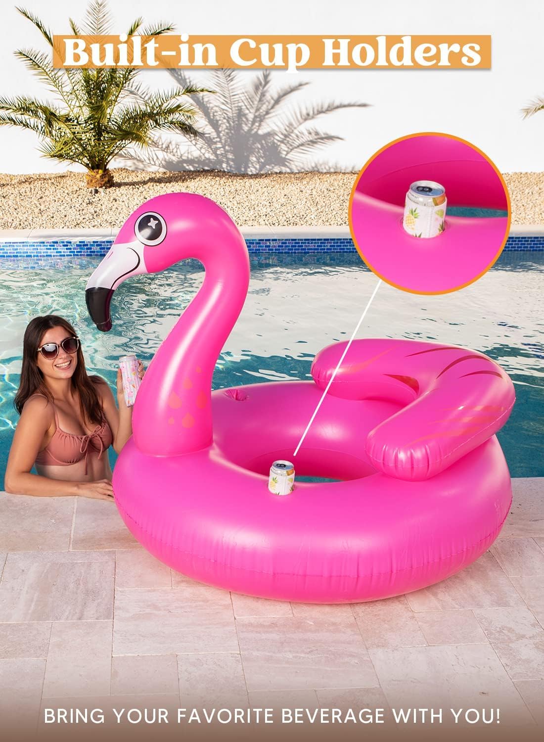 JOYIN 112 cm/45" Gonfiabile Stile Flamingo Anello di Nuoto per Piscina, Piattaforma Galleggiante per Acqua, Materassino ad Aria per Piscina con Porta Bevande, Giocattolo per Feste Acquatiche Estive
