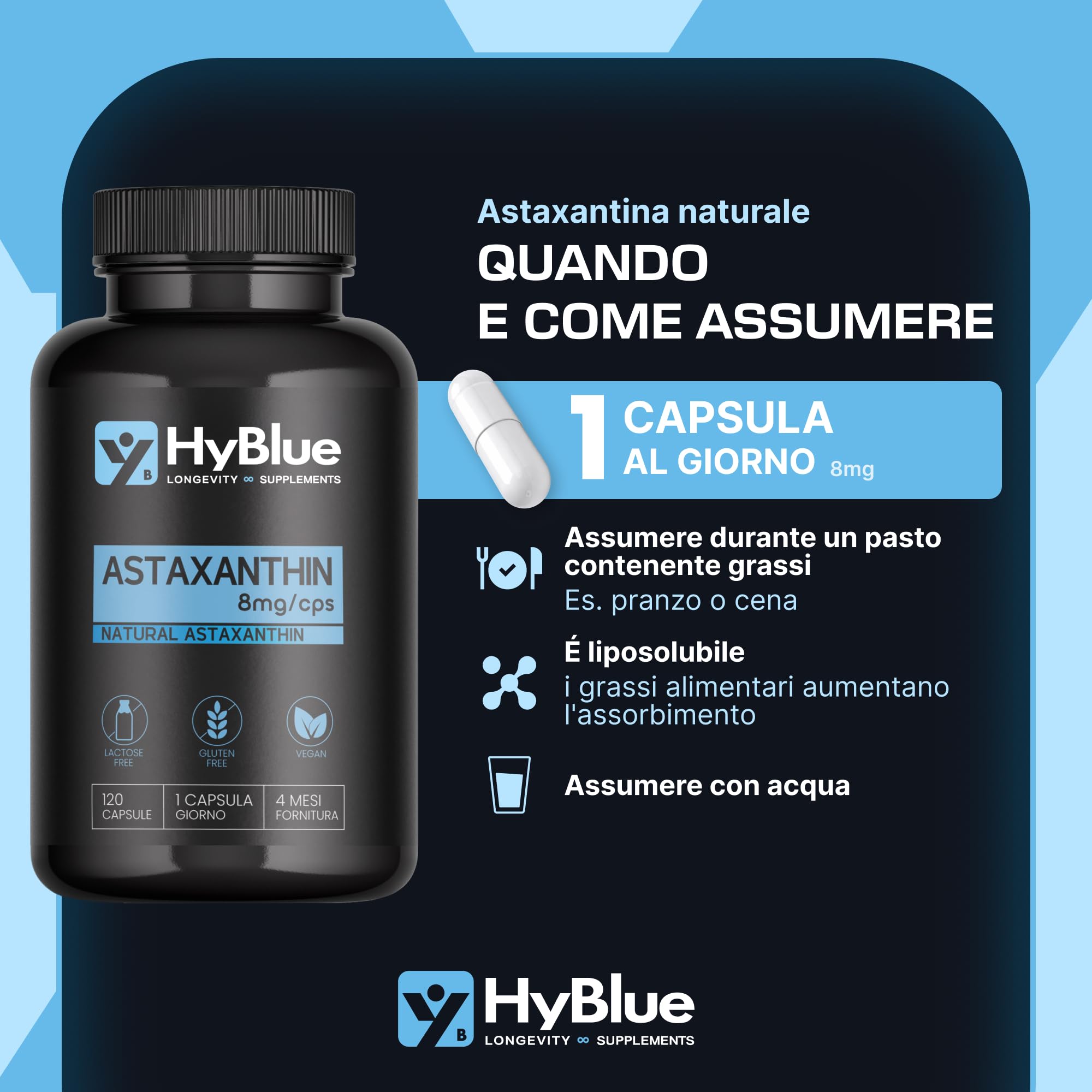 Astaxantina Naturale 8 mg | 120 Capsule di Astaxantina Pura Alto Dosaggio | Potente Antiossidante Naturale | Integratore Per Supporto Sport, Recupero e Protezione Cellulare | Fino 4 Mesi