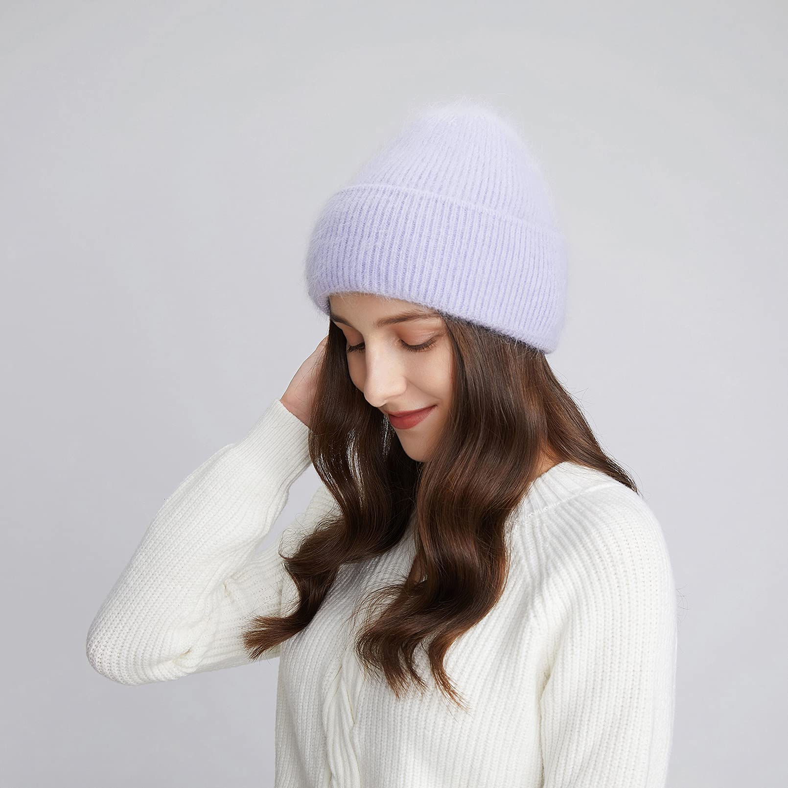 BeFur Bonnet à pompon en cachemire pour femme - Chaud - Côté large avec strass - Pour l'hiver, Violet, Taille unique