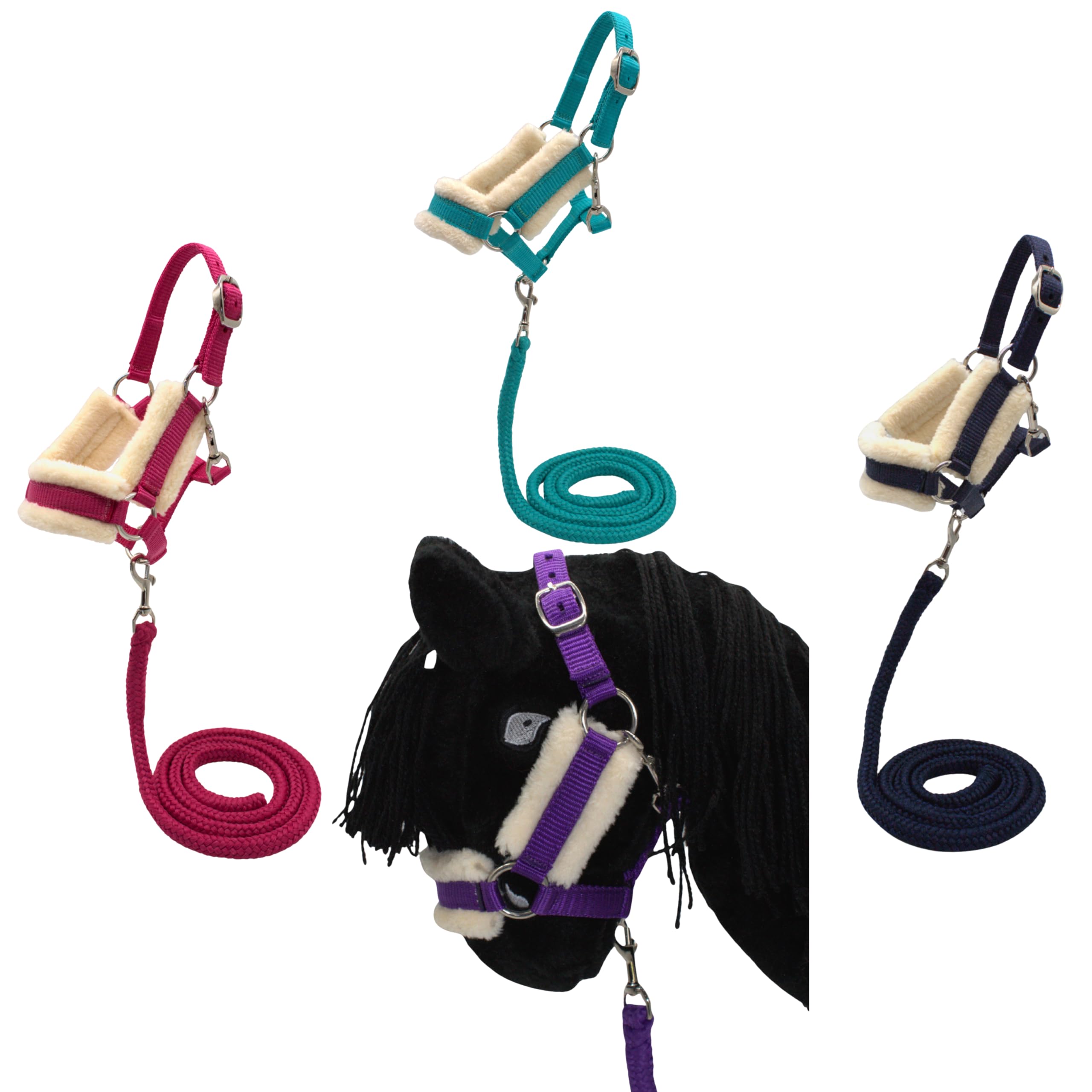 PFIFF 103129 Hobby Horse Halfter-Set „Little Lou“, Halfter mit Flauschiger Fellunterlage und Führstrick, Größenverstellbar, Türkis