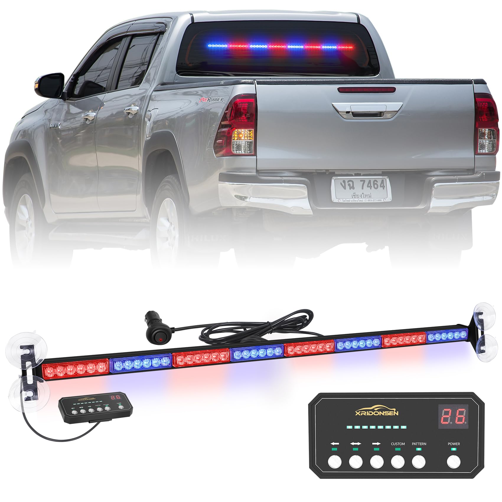 XRIDONSEN 35 inch Traffic Advisor Red Blue Police Lights 48 LED Emergency Strobe Light Bar Safety Hazard Warning Lights Front/Rear Window w/Display Controller for Law Enforcement Vehicles Trucks Car
